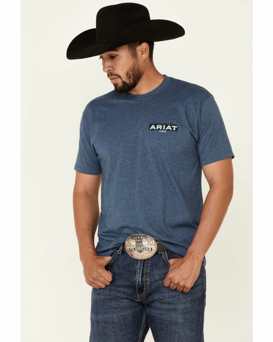 Men * | Cheap Ariat Men'S Heather Blue Land Logo Short Sleeve T-Shirt