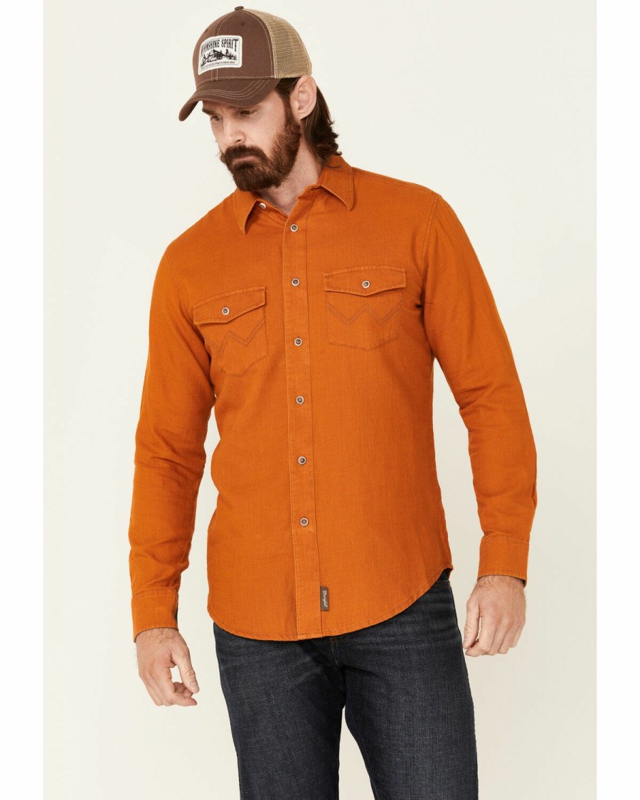 Men * | Hot Selling Wrangler Retro Premium Men'S Solid Amber Long Sleeve Button-Down Western Shirt