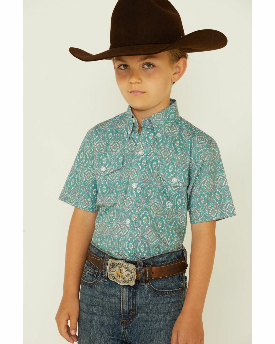 Kids * | Sale Online Roper Boys' Jade Quarry Medallion Paisley Print Short Sleeve Snap Western Shirt