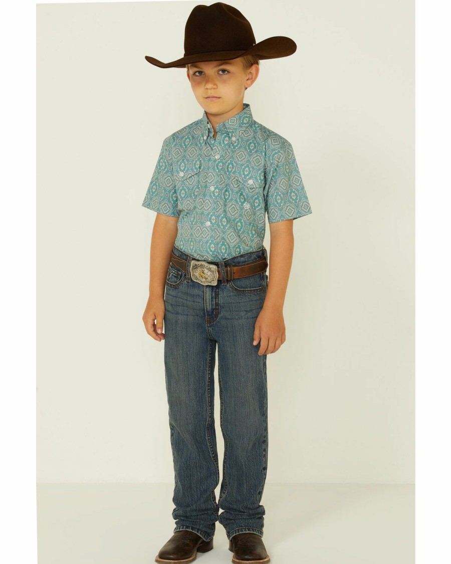 Kids * | Sale Online Roper Boys' Jade Quarry Medallion Paisley Print Short Sleeve Snap Western Shirt