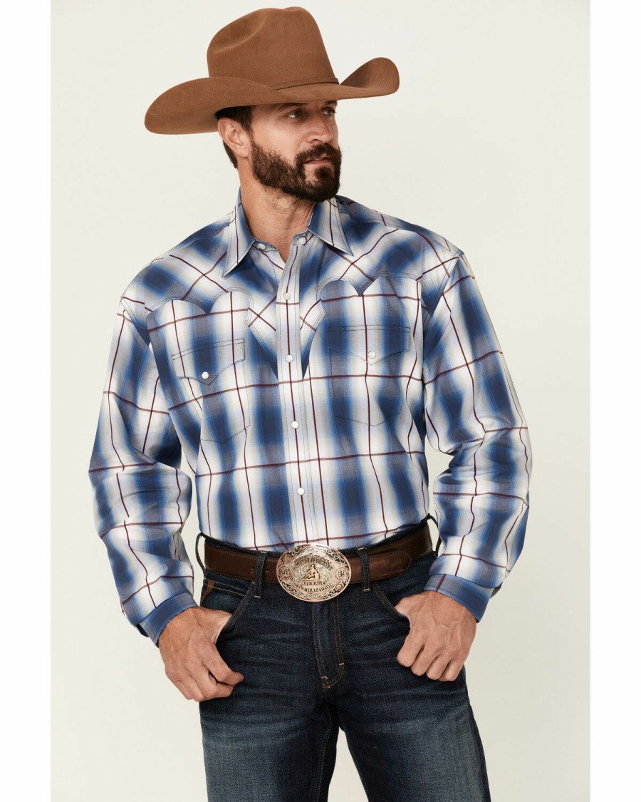 Men * | Attractive Stetson Men'S Blue Ombre Large Plaid Long Sleeve Snap Western Shirt