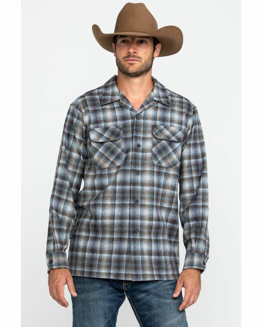 Men * | Attractive Pendleton Men'S Grey Board Oxford Plaid Long Sleeve Western Shirt