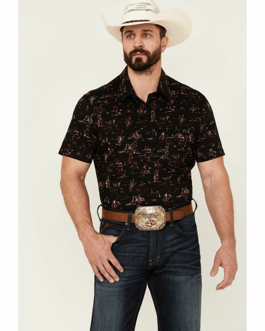 Men * | New Rock & Roll Denim Men'S Black Desert Print Short Sleeve Snap Western Shirt