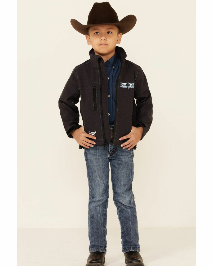 Kids * | Sale Online Cowboy Hardware Boys' Dark Brown Live Wild Embroidered Zip-Front Poly Shell Jacket