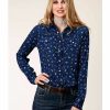 Women * | New Roper Women'S Blue Rayon Horse Print Long Sleeve Snap Western Shirt