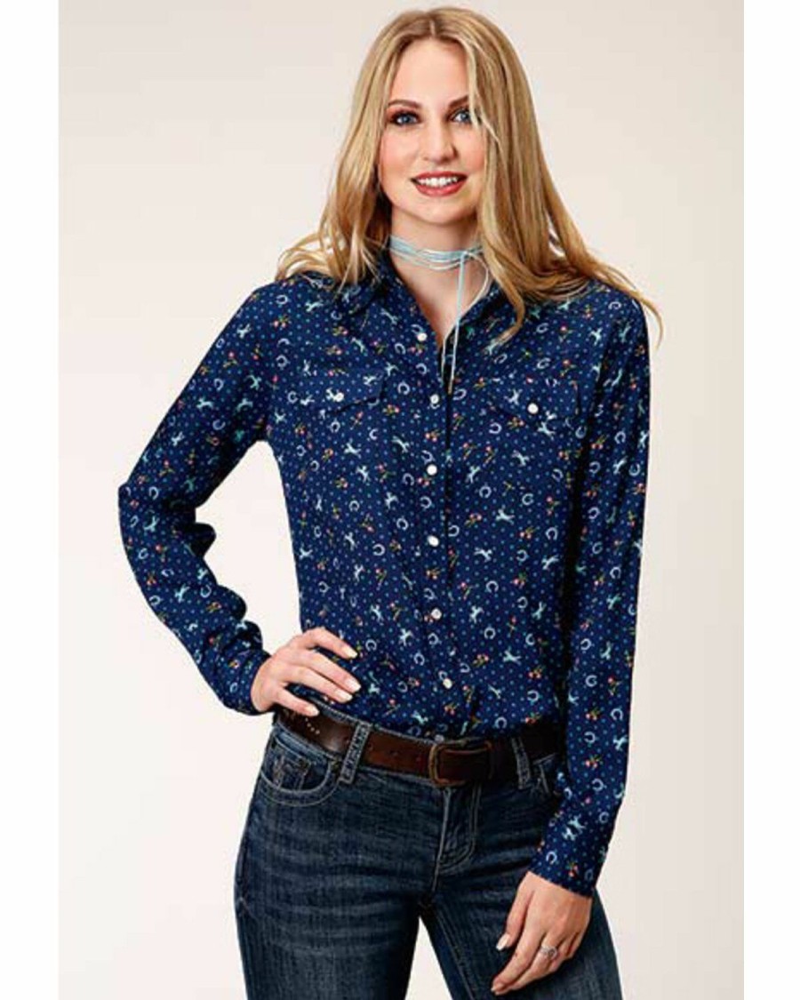 Women * | New Roper Women'S Blue Rayon Horse Print Long Sleeve Snap Western Shirt