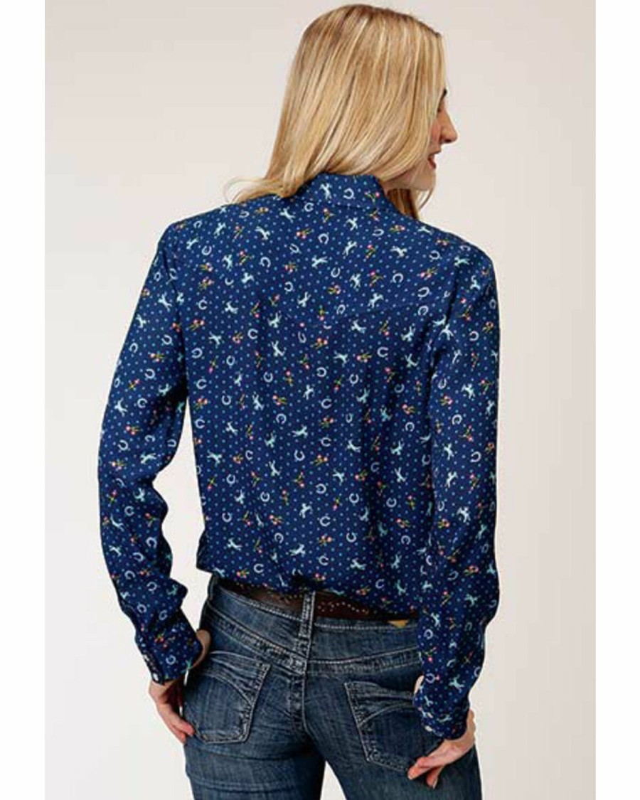 Women * | New Roper Women'S Blue Rayon Horse Print Long Sleeve Snap Western Shirt