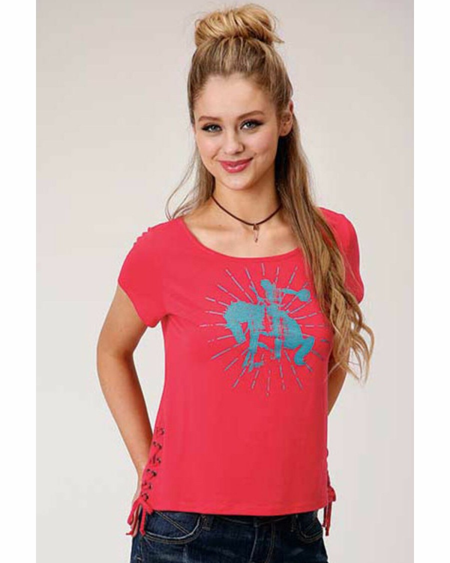 Women * | Official Roper Women'S Red Bronco Graphic Lace-Up Tee