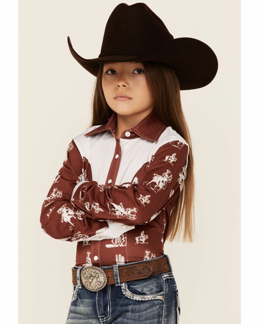 Kids * | Hot Selling Ranch Dress'N Girls' Rust Buckaroo Print Piped Yoke Long Sleeve Snap Western Core Shirt