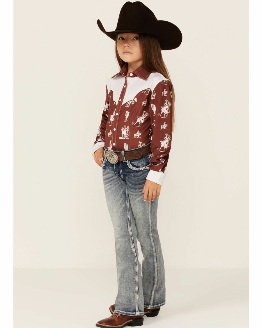 Kids * | Hot Selling Ranch Dress'N Girls' Rust Buckaroo Print Piped Yoke Long Sleeve Snap Western Core Shirt