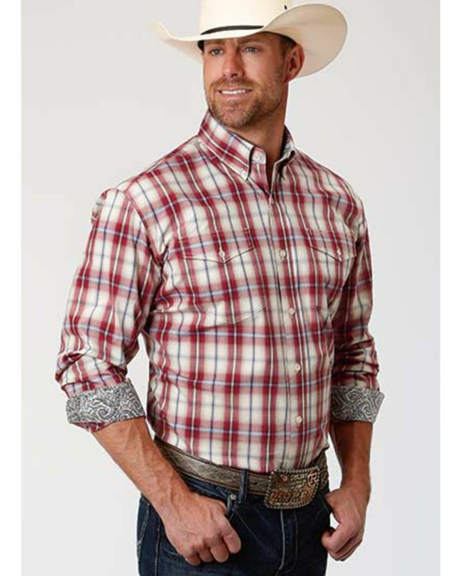 Men * | Latest Roper Amarillo Men'S Vintage Red Plaid Long Sleeve Western Shirt