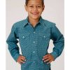 Kids * | Special Offers Roper Boys' West Made Turquoise Two Tone Geo Print Long Sleeve Western Shirt