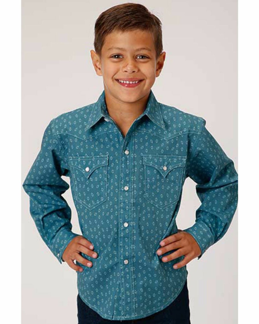 Kids * | Special Offers Roper Boys' West Made Turquoise Two Tone Geo Print Long Sleeve Western Shirt