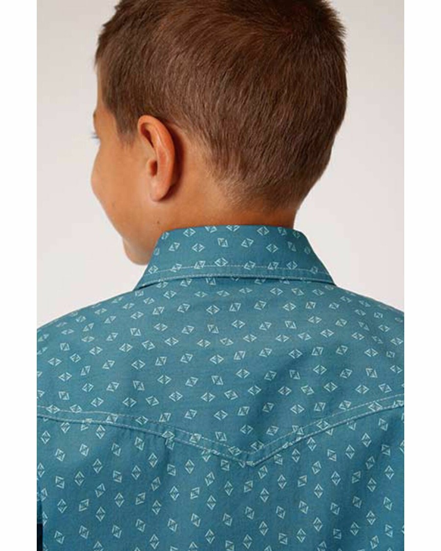 Kids * | Special Offers Roper Boys' West Made Turquoise Two Tone Geo Print Long Sleeve Western Shirt