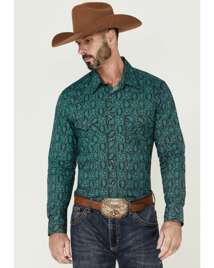 Men * | Bestsellers Rock & Roll Denim Men'S Aqua & Brown Paisley Print Long Sleeve Snap Western Shirt