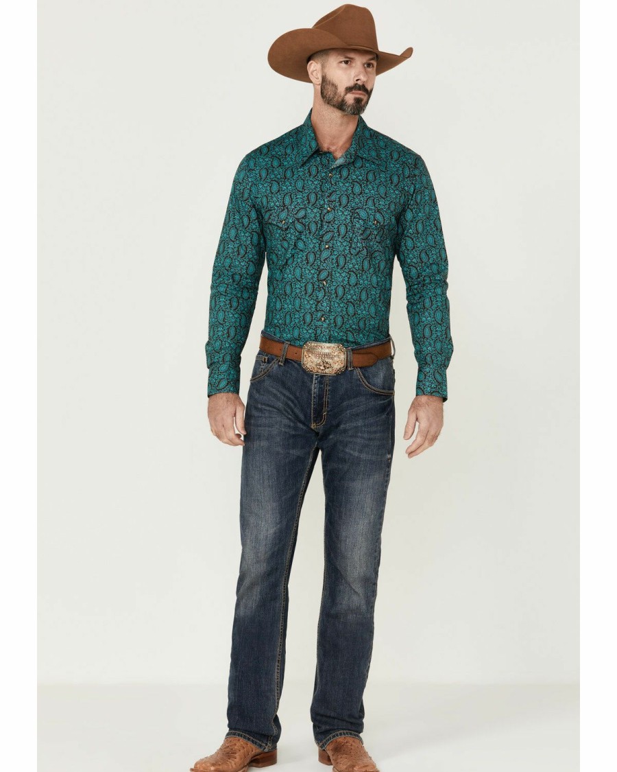 Men * | Bestsellers Rock & Roll Denim Men'S Aqua & Brown Paisley Print Long Sleeve Snap Western Shirt