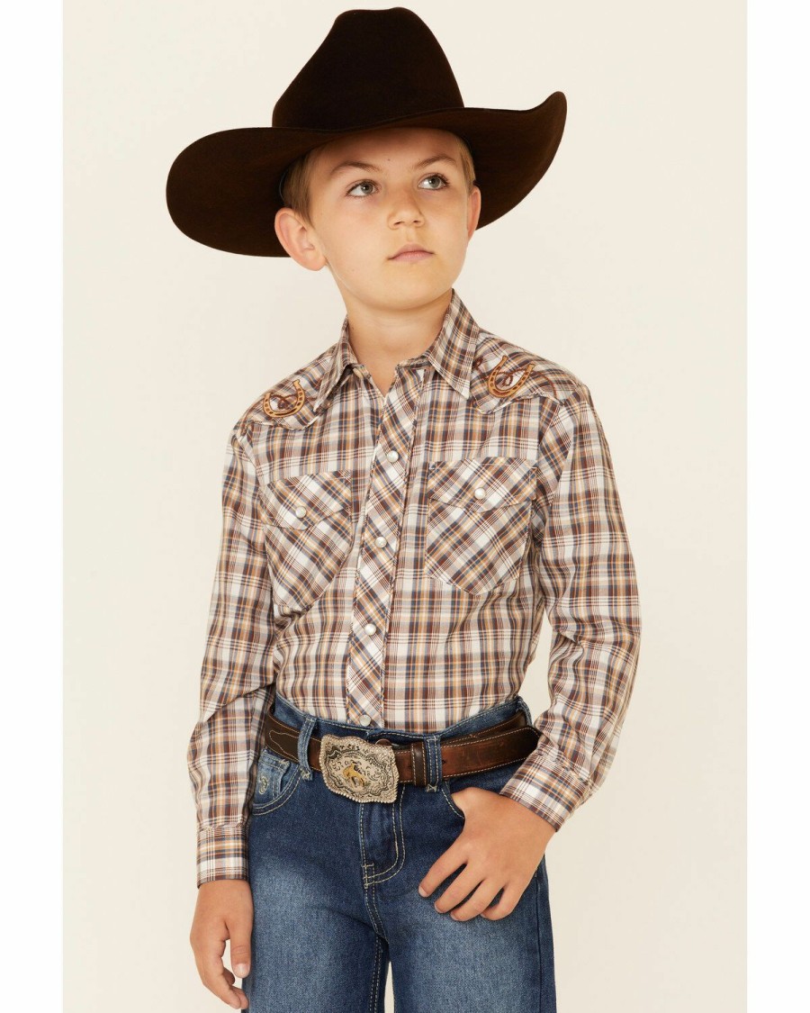 Kids * | Attractive Roper Boys' Brown Plaid Long Sleeve Snap Western Shirt