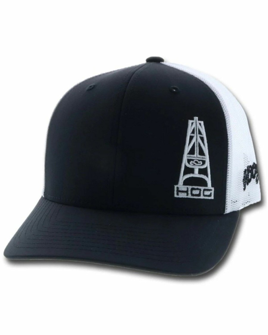 Gifts * | Official Hooey Men'S Hog Oil Rig Offset Logo Mesh-Back Trucker Cap Black & White