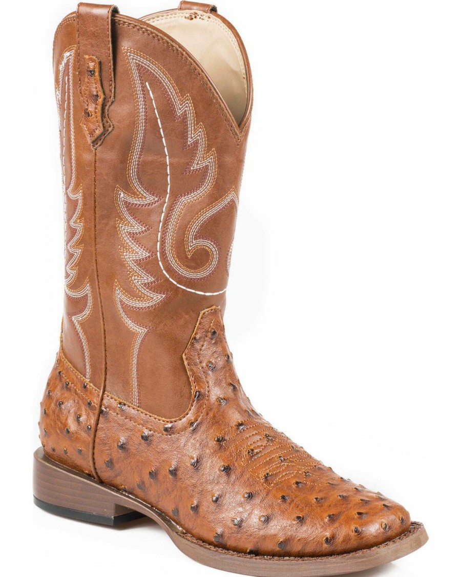 Men * | Unique Roper Faux Ostrich Cowboy Boots Wide Square Toe