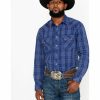 Men * | Official Rock & Roll Denim Men'S Indigo Plaid Long Sleeve Western Shirt