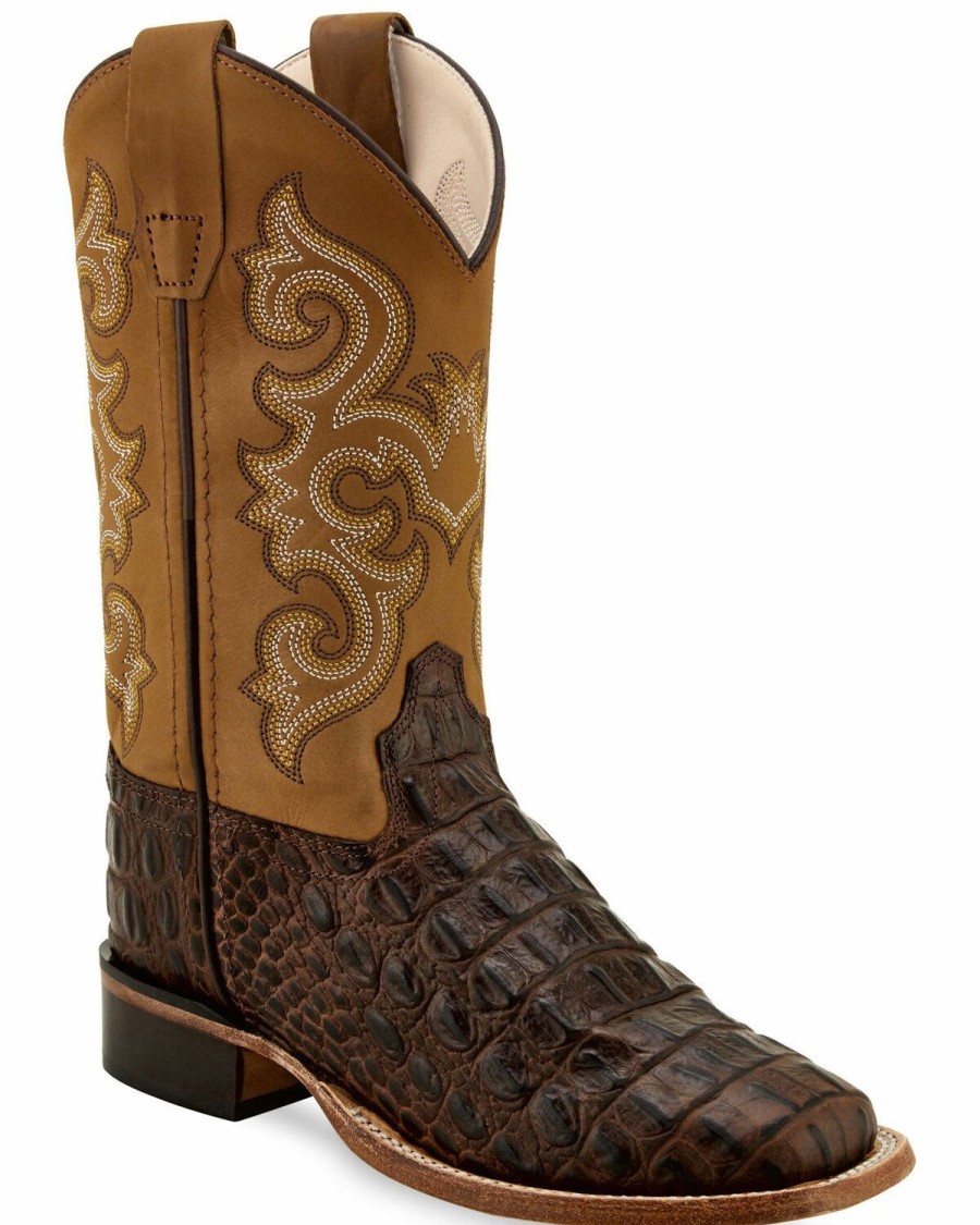 Kids * | Unique Old West Youth Boys' Brown Faux Horn Gator Western Boots Wide Square