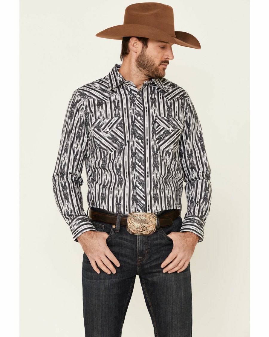 Men * | Unique Rock & Roll Denim Men'S Black Southwestern Striped Long Sleeve Snap Western Shirt