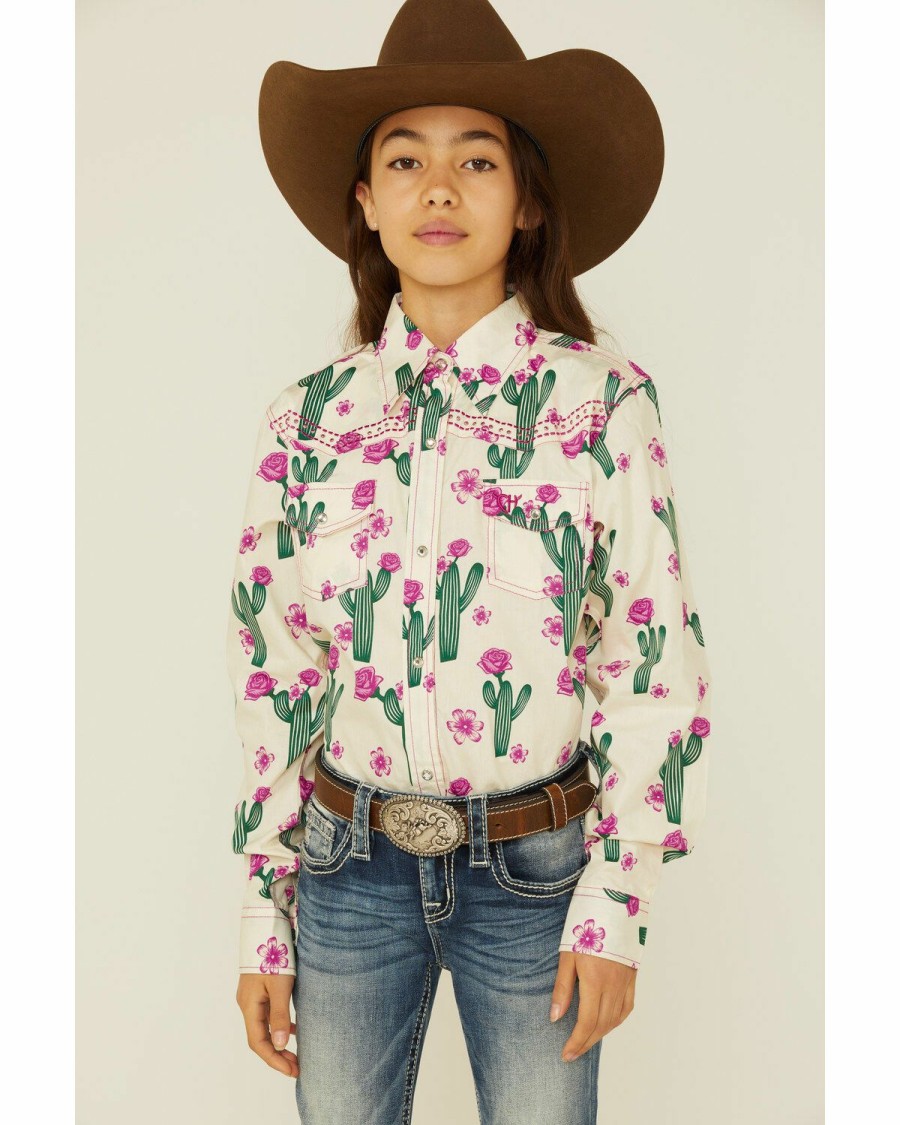 Kids * | Cowboy Hardware Top Selling Cowgirl Hardware Girls' Cactus Rose Long Sleeve Snap Shirt