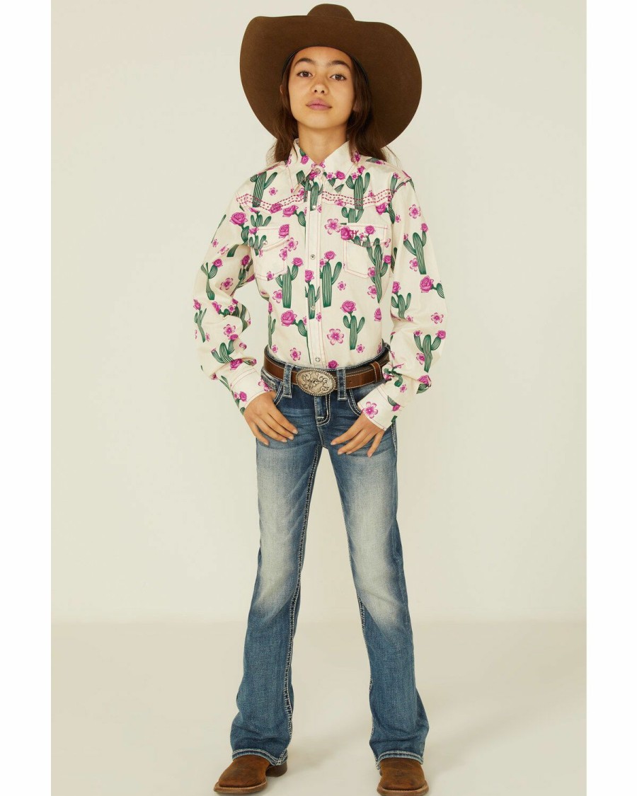 Kids * | Cowboy Hardware Top Selling Cowgirl Hardware Girls' Cactus Rose Long Sleeve Snap Shirt