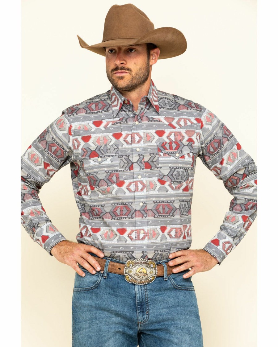 Men * | Sale Online Roper Men'S West Made Southwestern Weaving Print Long Sleeve Western Shirt