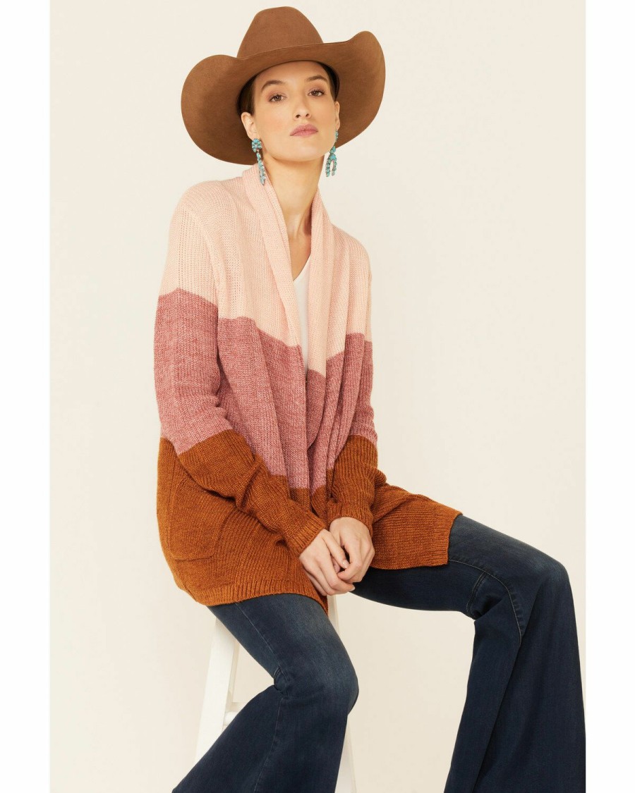 Women * | Sale Online Rock & Roll Denim Women'S Rust & Pink Color-Block Stripe Cardigan