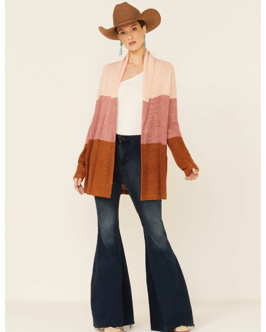 Women * | Sale Online Rock & Roll Denim Women'S Rust & Pink Color-Block Stripe Cardigan