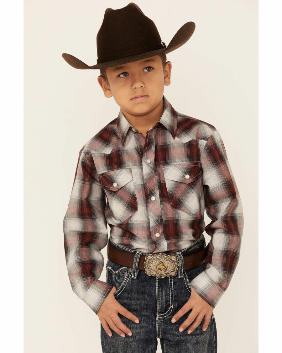 Kids * | Attractive Roper Boys' Wine Plaid Long Sleeve Snap Western Shirt