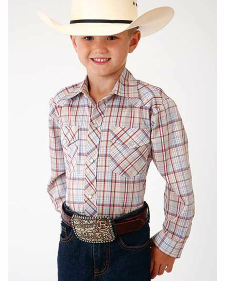 Kids * | Top Selling Roper Boys' Classic Tan Plaid Long Sleeve Western Shirt