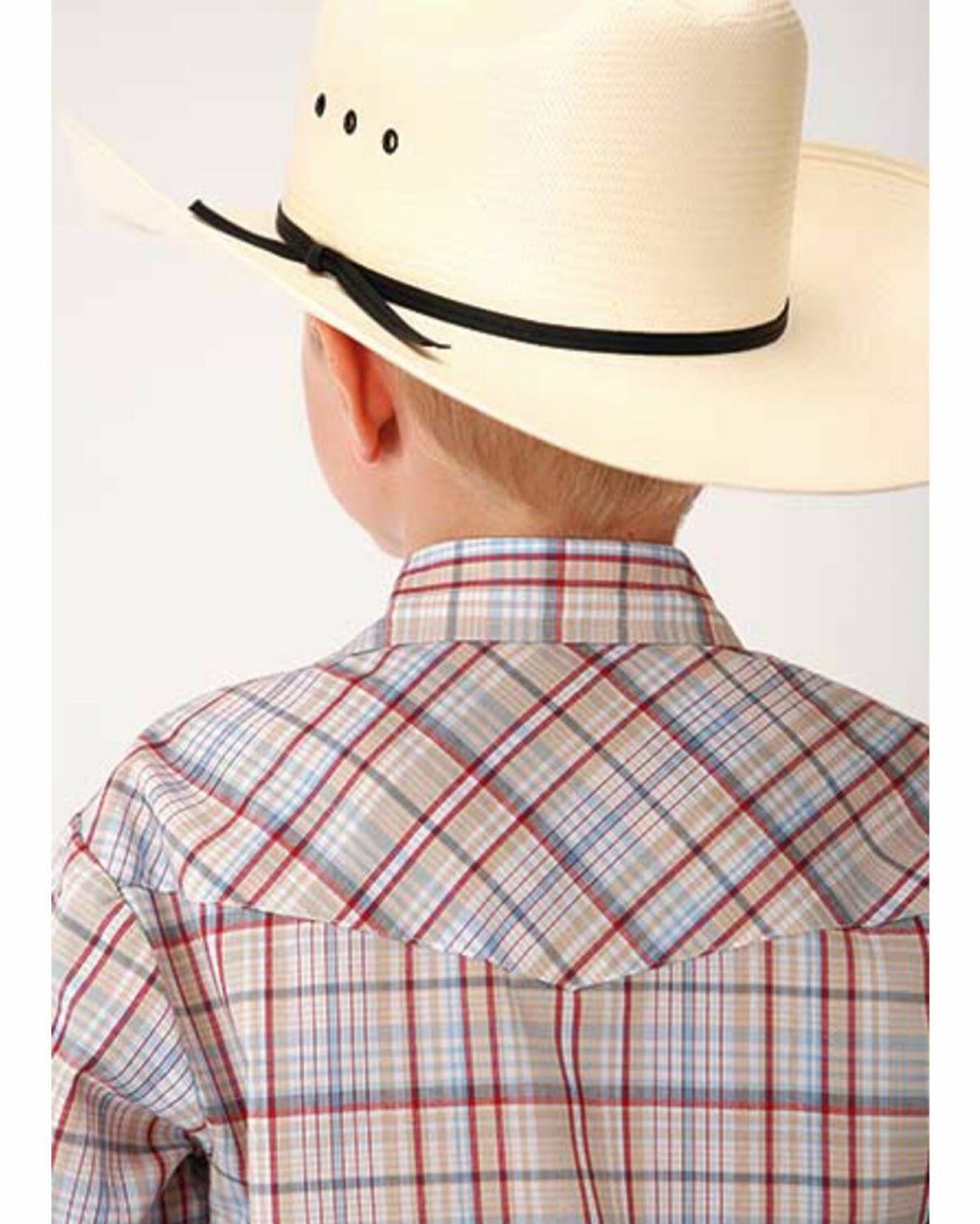 Kids * | Top Selling Roper Boys' Classic Tan Plaid Long Sleeve Western Shirt