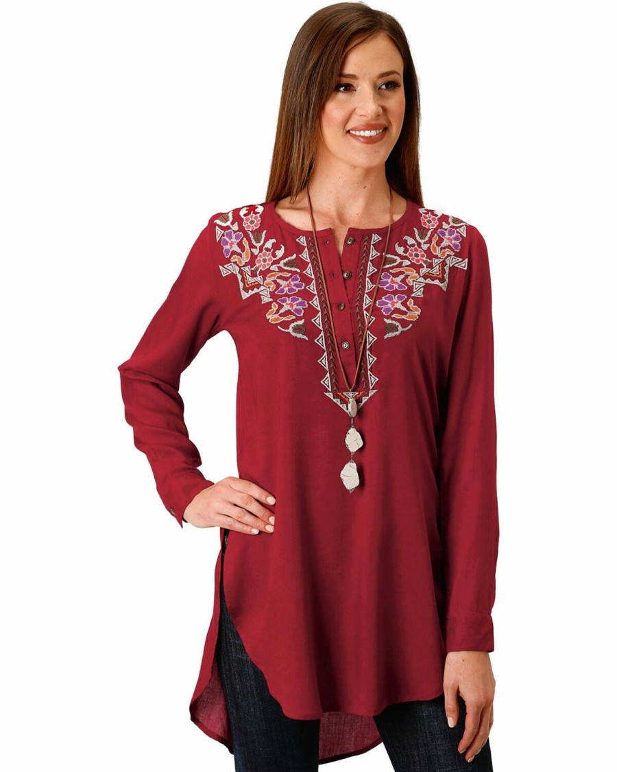 Women * | Top Selling Roper Women'S Embroidered Henley Tunic