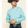 Men * | Sale Online George Strait By Wrangler Men'S Turquoise Plaid Long Sleeve Western Shirt