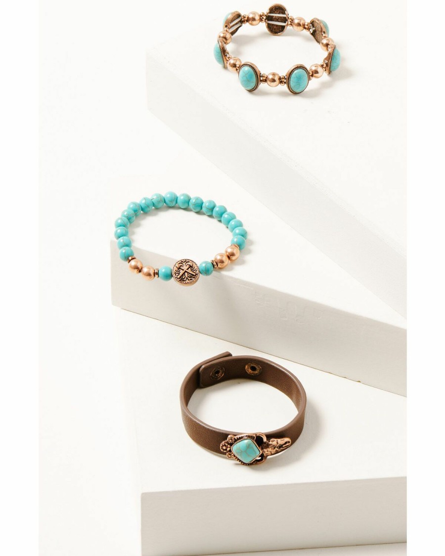 Women * | Top Selling Shyanne Women'S 3-Piece Copper & Turquoise Longhorn Leather Concho Bracelet Set