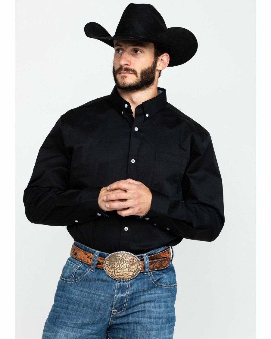 Men * | Official Cody James Core Black Solid Performance Twill Long Sleeve Western Shirt