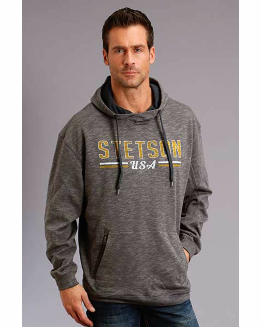 Men * | Sale Online Stetson Men'S Grey Usa Slub French Terry Hooded Sweatshirt