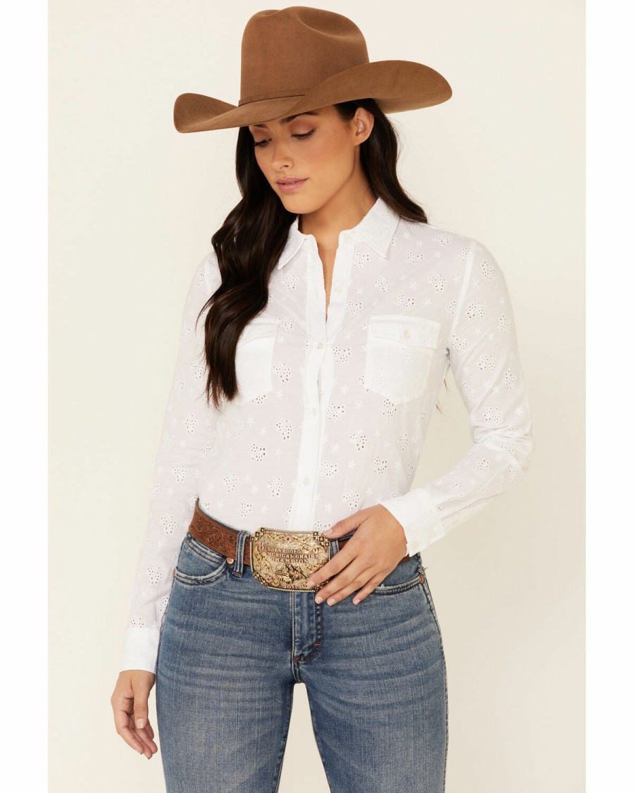 Women * | New Stetson Women'S White Eyelet Solid Long Sleeve Button-Down Western Shirt