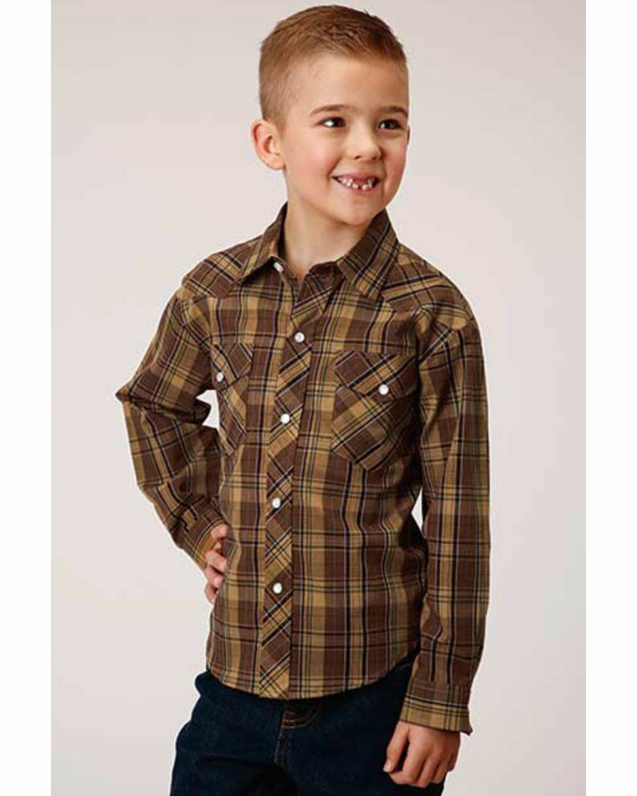 Kids * | Best Sellers Roper Boys' Plaid Brown Western Snap Long Sleeve Shirt