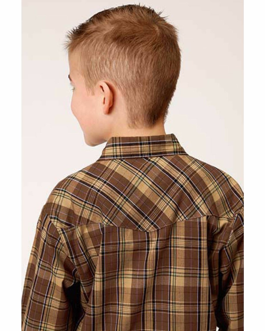 Kids * | Best Sellers Roper Boys' Plaid Brown Western Snap Long Sleeve Shirt