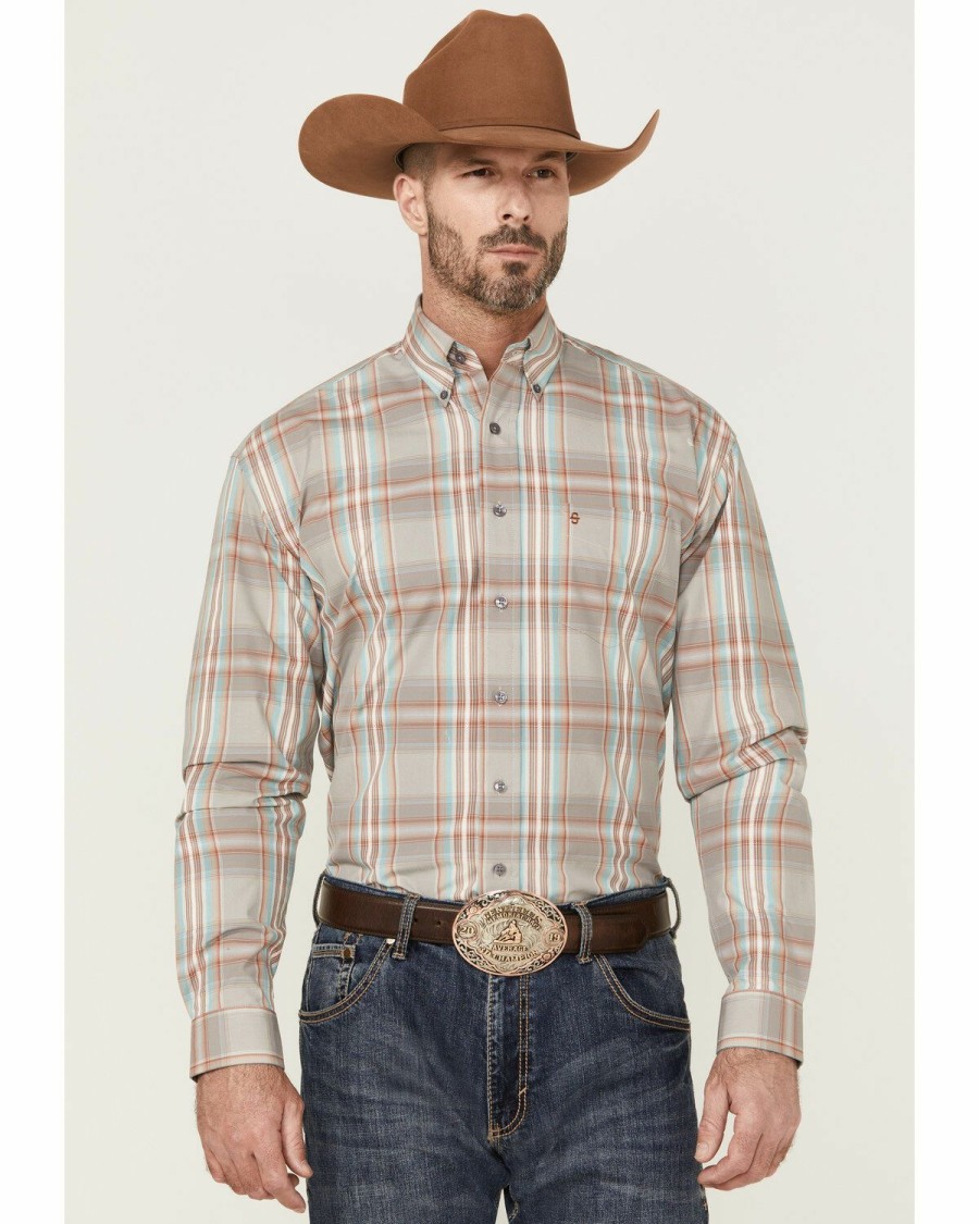 Men * | Sale Online Stetson Men'S Desert Large Dobby Plaid Long Sleeve Button-Down Western Shirt