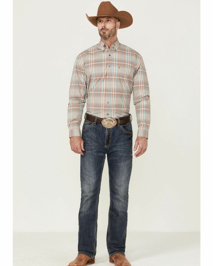 Men * | Sale Online Stetson Men'S Desert Large Dobby Plaid Long Sleeve Button-Down Western Shirt