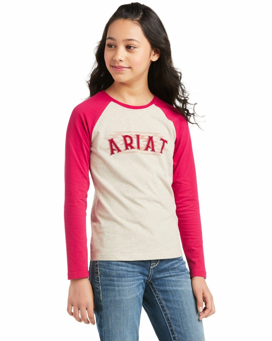 Kids * | Best Sellers Ariat Girls' R.E.A.L Southwestern Logo Long Sleeve Baseball Tee