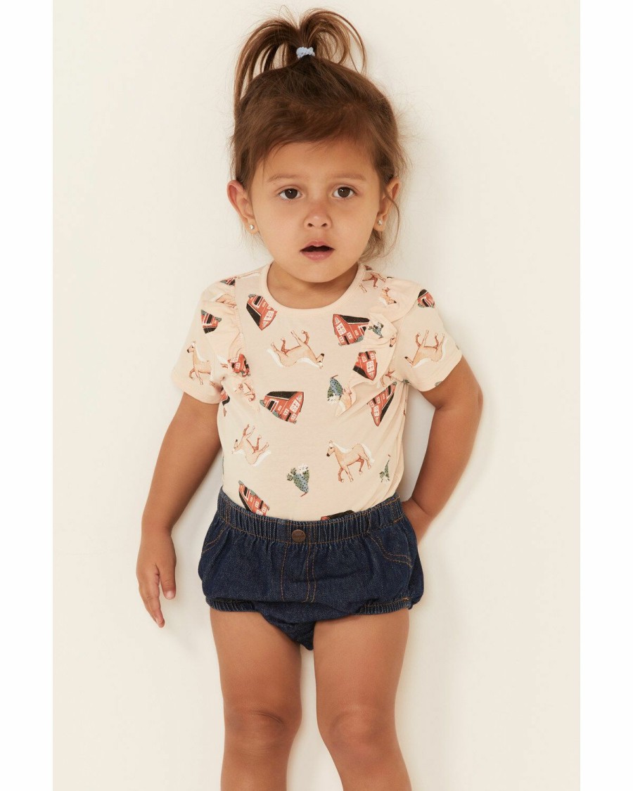 Kids * | Top Selling Wrangler Infant Girls' Horse & Barn Print Short Sleeve Onesie